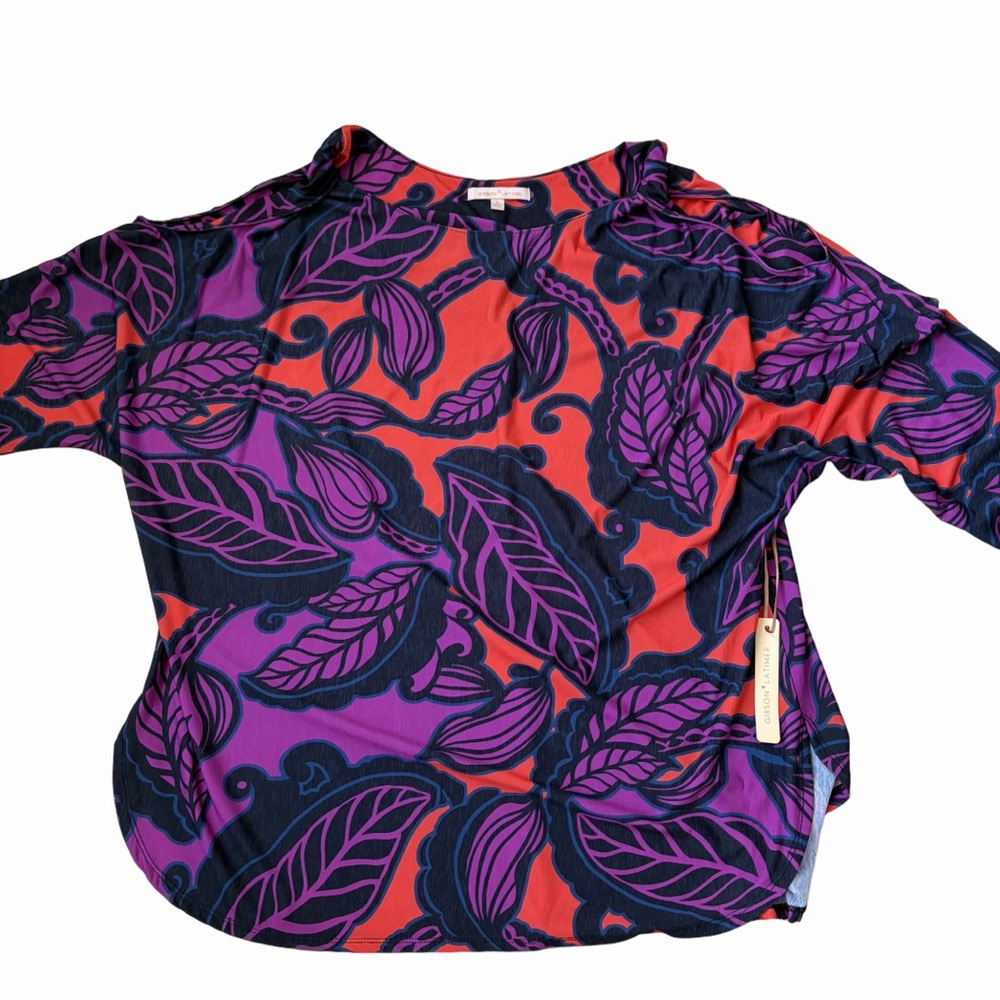 NWT Latimer Gibson Exotic Jungle Sz L Red and Purple Floral Open Shoulder Top - Picture 7 of 8